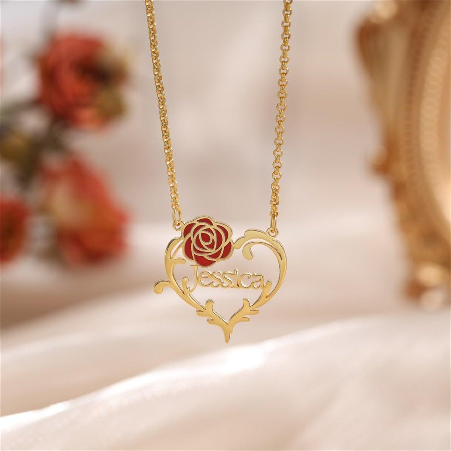 Jesie Red Rose Custom Name Necklace - Saivique