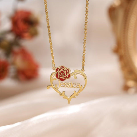 Jesie Red Rose Custom Name Necklace - Saivique