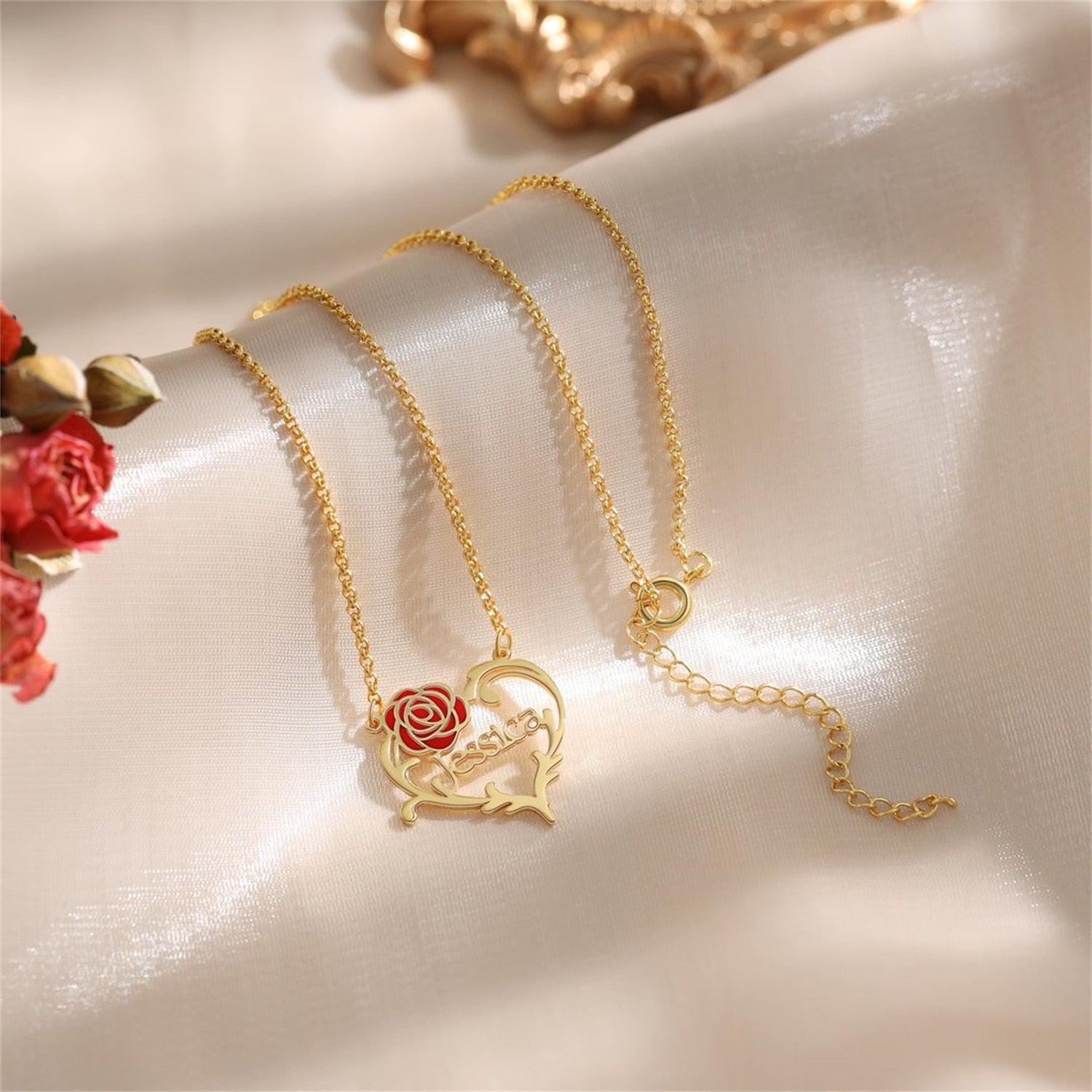 Jesie Red Rose Custom Name Necklace - Saivique