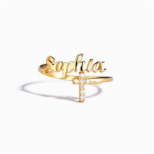 Sophia Diamond Cross Custom Name Ring - Saivique