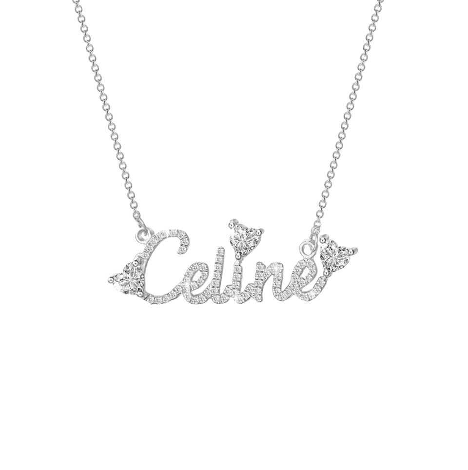Celine Sparkling Hearts Custom Name Necklace Silver 16 inch